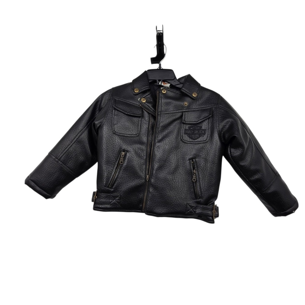Harley Davidson Motorcycle Faux Leather Jacket KIDS Size 7 Black Logo Biker Moto